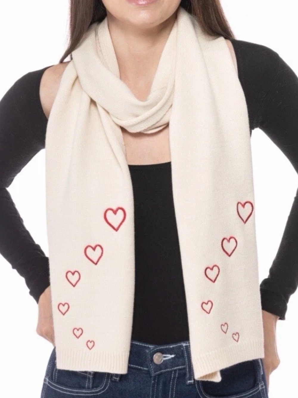 Jenni by Jennifer Moore Women's Embroidered Hearts Scarf, Ivory, One Size New
